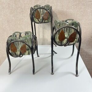 Vintage Set OF 3 Metal Leaf Detail  Glass‎ Block Candle Holders